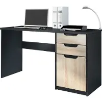 Vladon Schreibtisch Logan, Germany, Bürotisch mit 2 Schubladen und 1 Tür, Schwarz matt/Eiche Sägegrau (129 x 76 x 60 cm)