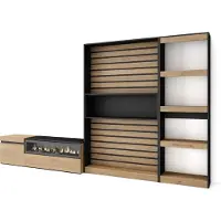 Skraut Home Wohnwand Wohnzimmer, 320x35x186cm, Elektrokamin, Eiche und Schwarz