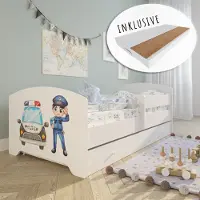 KIDS Collection Kinderbett 70x140 / 80x160 Komplett Set inkl. Matratze, Lattenrost, Schublade & Rausfallschutz | Einzelbett für Kinder von 2 – 10 Jahren | 80x160 cm | weiß mit Polizei Motiv