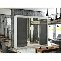 MargaretHadas24 Kleiderschrank Venus 250 cm inklusive 3 Schiebetüren mit Spiegel Lieferung bis in die Wohnung Kleiderstange Garderobe Schrank (Farbe: weiß, lacobel grau)