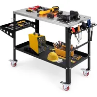 Costway Mobiler Schweißtisch 92x46 cm, Schweißwerkbank mit φ 1,6cm Löchern, Werkzeugständer, 8 Werkzeugschlitzen & 2 Schweißdüsenhaltern, bis 540kg