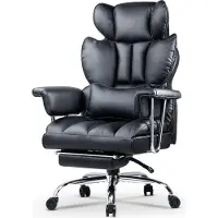 Bigzzia Bürostuhl mit Fußstütze - Ergonomischer Schreibtischstuhl mit Lordosenstützkissen - Großer Chefbürostuhl aus Kunstleder mit Hoher Rückenlehne - Schwarz