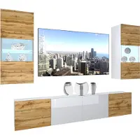 Belini Wohnwand Vollausstattung Wohnzimmer-Set Moderne Schrankwand mit LED-Beleuchtung Weiß Glänzend Anbauwand TV-Schrank Wotan Eiche / Weiß Glänzend/Matt
