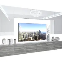 Belini Wohnwand Vollausstattung Wohnzimmer-Set Moderne Schrankwand mit LED-Beleuchtung Weiß Glänzend Anbauwand TV-Schrank Weiß / Glamourholz Glänzend/Matt