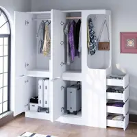 STILVORA Extra großer Kleiderschrank 140 x 40 x 170 cm, mit Schubladen und Staufächern, offener Kleiderbereich mit Stauraum, Weiß, auf der rechten Seite