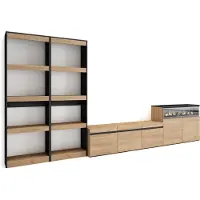 Skraut Home Wohnwand Wohnzimmer, 370x35x186cm, Für TV-Geräte bis zu 65", Elektrokamin, Eiche und Schwarz