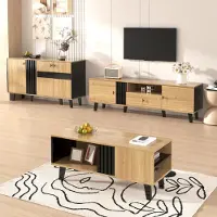 Merax Wohnwand Wohnzimmermöbel Set 3-teilig, Couchtisch, TV-Schrank und Sideboard mit LED, Wohnzimmer-Set mit viel Stauraum, modern Holz-Schwarz