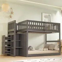 Ropilly niedriges Etagenbett 140x200 cm Grau aus Holz mit Treppe und Stauraum, hoher Umrandung oben für Schlafzimmer