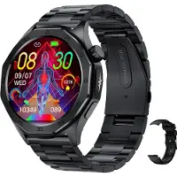 Douself ET480 Smartwatch, Sportuhr, 1,43-Zoll-Bildschirm, Fitness-Tracker, Bluetooth 5.2, mehrere Sportmodi, Stahlarmband + Silikonarmband, Schwarz