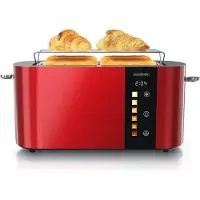 Arendo Toaster 4 Scheiben, Langschlitztoaster, Langschlitz, Edelstahl, 1500W, Display mit Restzeitanzeige, Brötchenaufsatz, Defrost Funktion, Wärmeisolierendes Gehäuse, Touch Display, rot