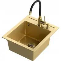Quadron Spülbecken aus Granitquarz ART JOHNNY 100, Art Gold, 1 Becken Einbauspüle in 43 x 50 x 20,3 cm, Farbe: Gold, Küchenspüle mit Maggie-Zapfhahn und Spender, Gold-PVD-Finish