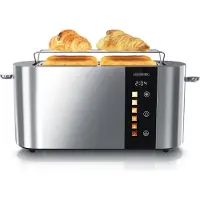 Arendo Toaster 4 Scheiben, Langschlitztoaster, Langschlitz, Edelstahl, 1500W, Display mit Restzeitanzeige, Brötchenaufsatz, Defrost Funktion, Wärmeisolierendes Gehäuse, Touch Display, silber