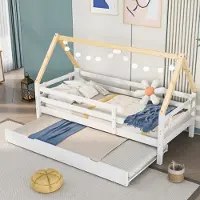 OKWISH Baumhausbett, Chaiselongue, Einzelbett, Kinderbett, Ausziehbett, Schiebebett mit Rollen an der Unterseite, Massivholz, weißes Bett, naturfarbene Dachstühle (200x90cm)