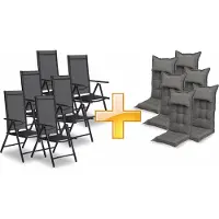 Sunnypillow 6er Set Gartenstühle und Gartenstuhlauflagen Hochlehner | 120x50x9 cm Hochlehner Auflage wasserdicht UV-lichtecht |Grau
