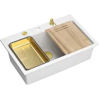 Quadron Spülbecken 1-Becken Spüle | Größe: 76 x 50 x 23,5 cm | MARC 110 | Granitspüle aus GraniteQ mit Siphon + Spender + Platte | Weiß/Golden