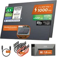 Solarway All In One Balkonkraftwerk mit Speicher 1000W komplett Steckdose - 1,6 kWh Anker Solix 2 PRO Speicher - Solaranlage Komplettset - 500W bifaziale Solarmodule & Anker Speicher & Zubehör