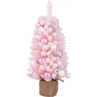 Costway Mini künstlicher Weihnachtsbaum 90cm, Tannenbaum klein mit Schnee, 136 Spitzen, 12 Wattekugeln, 24 Weihnachtskugeln & Zementbasis, Rosa