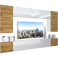 Belini Wohnwand Vollausstattung Wohnzimmer-Set Moderne Schrankwand mit LED-Beleuchtung Weiß Glänzend Anbauwand TV-Schrank Eiche Wotan / Weiß Glänzend/Matt