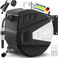 Tillvex Schlauchtrommel Wasser 20+2m Schwarz mit Wandhalterung + Tragegriff | Schlauchaufroller mit Handbrause und Gartenschlauch | 180° Schwenkbar | Wand-Schlauchbox mit Aufroll-Automatik