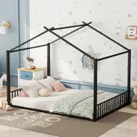 STILVORA Kinderbett 140x200cm Hausbett mit Lattenrost,Metallbett Jugendbett mit Rausfallschutz,Schwarz (ohne Matratze)