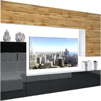Belini Wohnwand Vollausstattung Wohnzimmer-Set Moderne Schrankwand mit LED-Beleuchtung Weiß Glänzend Anbauwand TV-Schrank Wotan Eiche / Schwarz Glänzend/Matt