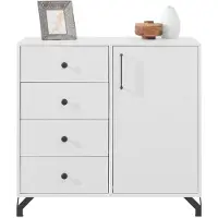 Beautysofa Kommode BERGO Weiß Sideboard mit 1 Tür und 4 Schubladen, ideal für Jugendzimmer,