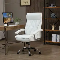 SUGIFT Bürostuhl ergonomisch, Chefsessel Drehstuhl, Schreibtischstuhl Kunstleder, Weiß | Wippfunktion | höhenverstellbar | Rautenmuster