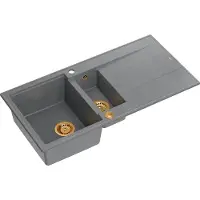 Quadron Spülbecken 1,5-Becken Spüle | Größe: 100 x 50 x 21/16 cm | EVAN 156 | Küchenspüle Granitspüle aus GraniteQ mit Siphon | Grau & Kupfer