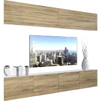 Belini Wohnwand Vollausstattung Wohnzimmer-Set Moderne Schrankwand mit LED-Beleuchtung Weiß Glänzend Anbauwand TV-Schrank Sonoma Eiche Matt