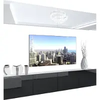 Belini Wohnwand Vollausstattung Wohnzimmer-Set Moderne Schrankwand mit LED-Beleuchtung Weiß Glänzend Anbauwand TV-Schrank Weiß / Schwarz Glänzend