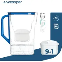 Wessper Kühlschrank-Wasserfilterkanne D3 Slim AquaMax 2,7 L Blau + 10 Filter – kompatibel mit Brita Maxtra