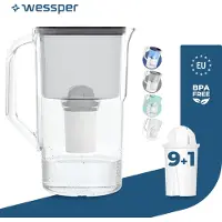Wessper Wasserfilterkanne 2.8 L Kompatibel Mit Brita Classic , Wasser Filtersystem zur Reduzierung von Kalk, Chlor | + 10x Wasserfilter Schwarz