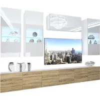 Belini Wohnwand Vollausstattung Wohnzimmer-Set Moderne Schrankwand mit LED-Beleuchtung Weiß Glänzend Anbauwand TV-Schrank Weiß / Sonoma Eiche Glänzend/Matt