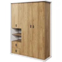 MINIO go for it , Kleiderschrank, "SIMI", Drehtürenschrank, 150cm, 3 Türen, 2 Schubladen, Weiße / Natural Hikora Farbe
