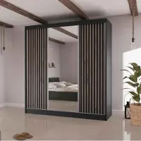 Beautysofa Schiebetürenschrank LICO II - 200cm Kleiderschrank mit Spiegel & Schubladen & Lamellen (Schwarz + Schwarz)