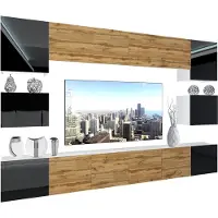 Belini Wohnwand Vollausstattung Wohnzimmer-Set Moderne Schrankwand mit LED-Beleuchtung Weiß Glänzend Anbauwand TV-Schrank Schwarz / Wotan Eiche Glänzend/Matt