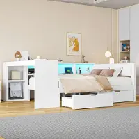 Sweiko 140x200 Holz-Plattformbett mit Ablageflächen, Schubladen, Ladestation und gepolstertem Kopfteil, Mit bunten LED-Leuchten, Weiß
