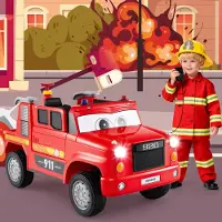Costway Elektroauto für Kinder, 12V Feuerwehrwagen mit Fernbedienung, Wasserpistole, Musik, Alarm, Blinklichtern & Sanftanlauf, für Kinder 3+