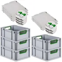 Proregal 5x Eurobox NextGen Color mit Scharnierdeckel & Verschlüssen | HxBxT 17x30x40cm | 16 Liter | Griffe grün offen | Glatter Boden