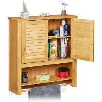 Relaxdays Hängeschrank LAMELL Bambus, mit Handtuchhalter, 3 Ablagen, 2 Türen, Badschrank, HBT: 66 x 62 x 20 cm, natur