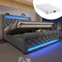 OKWISH Polsterbett 140x200 mit Lattenrost und Matratze,Doppelbett mit LED-Leuchten und Stauraum-Kopfteil,Stauraumbett mit USB- und Typ-C-Anschlüssen,Samt,Grau