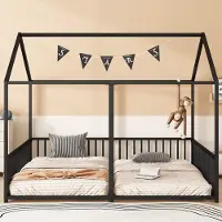 Ulife Kreatives Kinder-Etagenbett mit Hausform – Stabiler Metallrahmen und Sicherheitsgeländer für zwei Kinder – 90x200cm,Schwarz