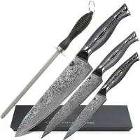 WOLFCUT - Damaskus Messer-Set 3-tlg. 67-lagiger Damaszenerstahl - Chefmesser, Kochmesser, Allzweckmesser + Wetzstahl