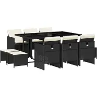 vidaXL 11-tlg. Garten-Essgruppe mit Kissen Schwarz Poly Rattan