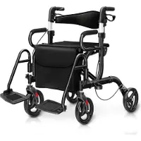Costway 2 in 1 Rollstuhl & Rollator klappbar & leicht, Gehhilfe 6-fach höhenverstellbar, Gehwagen mit Sitz, Tasche, Bremse & Stockhalter Schwarz