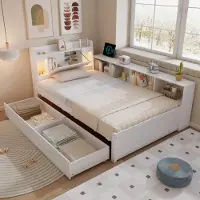 Flieks Jugendbett 90x200cm mit Ladefunktion und Led, Klassisches Bett Einzelbett mit 2 Schubladen und Regal, Holzbett Stauraumbett, Weiß