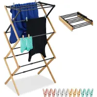 Relaxdays Wäscheständer, klappbar, ausziehbar, 11 Stangen, HxBxT: 105 x 43–75 x 37 cm, Bambus, Metall, schwarz/natur