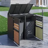 OKWISH Mülltonnenbox Hydraulischem Klappdeckel Abschließbaren Doppeltüren Zwei Fächern Für Garten Und Hof Stahl Grau