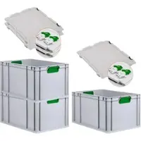 Proregal 3x Eurobox NextGen Color mit Scharnierdeckel & Verschlüssen | HxBxT 22x40x60cm | 65 Liter | Griffe grün geschlossen | Verstärkter Boden