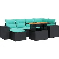 vidaXL 7-tlg. Garten-Sofagarnitur mit Kissen Schwarz Poly Rattan